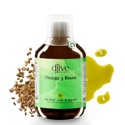 Omega-3 Boost mit Leinsamen und Öl im Hintergrund